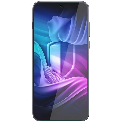 Smartfon z wyświetlaczem prezentującym abstrakcyjną grafikę w odcieniach niebieskiego i fioletowego, z centralnie umieszczonym symbolem tarczy. Na ekranie nie ma widocznego tekstu ani logo.