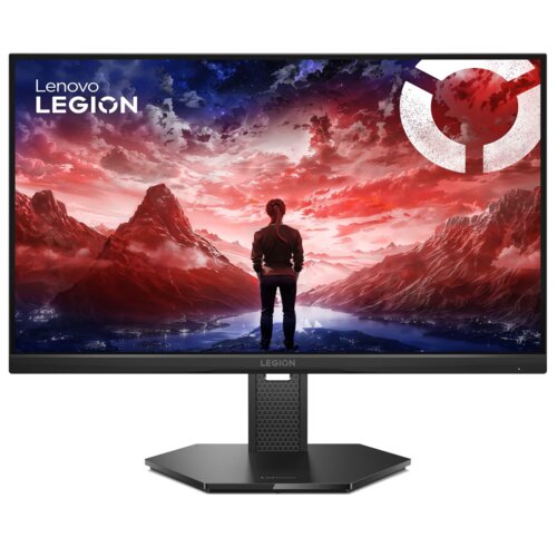 Monitor z wyświetlaczem przedstawiającym postać stojącą przed malowniczym krajobrazem górskim w czerwono-niebieskiej tonacji, z widocznym logo "Lenovo LEGION" w lewym górnym rogu. Na podstawie monitora znajduje się napis "LEGION".