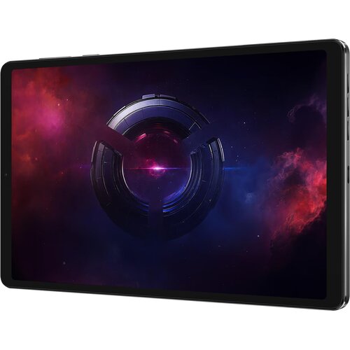 Na zdjęciu widoczny jest czarny tablet z wyświetlaczem, na którym znajduje się grafika przedstawiająca futurystyczny, okrągły obiekt na tle kosmicznej scenerii z odcieniami fioletu i czerwieni. Urządzenie ma cienkie ramki i widoczne przyciski na boku.