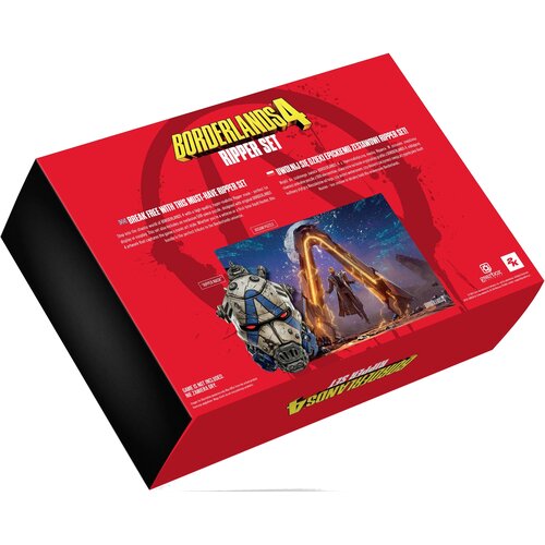 Czerwone opakowanie z napisem "Borderlands 4 Ripper Set" zawiera grafikę przedstawiającą postać w zbroi oraz postać z mieczem w kształcie litery A. Na opakowaniu znajdują się również logotypy Gearbox i 2K, a także teksty promocyjne w języku angielskim i p