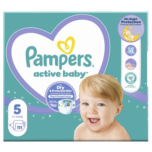 Opakowanie pieluch jednorazowych z napisem "Pampers active baby" oraz informacjami o rozmiarze 5 dla dzieci o wadze 11-16 kg, zawierające 111 sztuk. Na opakowaniu widoczne są również ikony i napisy dotyczące ochrony skóry oraz aprobaty dermatologicznej.