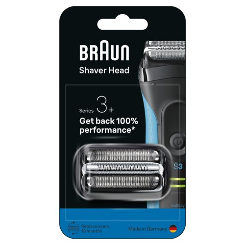 Opakowanie produktu zawiera napis "BRAUN Shaver Head Series 3+ Get back 100% performance*" oraz zdjęcie głowicy golarki z widocznymi elementami tnącymi. Na dole opakowania znajduje się informacja "Replace every 18 months" oraz "Made in Germany" z flagą Ni