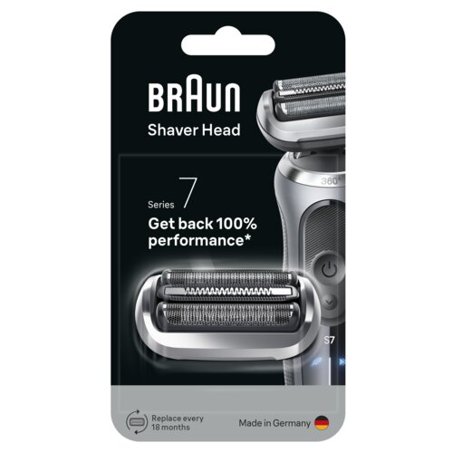 Opakowanie produktu z napisem "BRAUN Shaver Head Series 7 Get back 100% performance*" oraz grafiką przedstawiającą folię i blok ostrzy do golarek. Na dole opakowania znajduje się informacja "Replace every 18 months" oraz "Made in Germany" z flagą Niemiec.