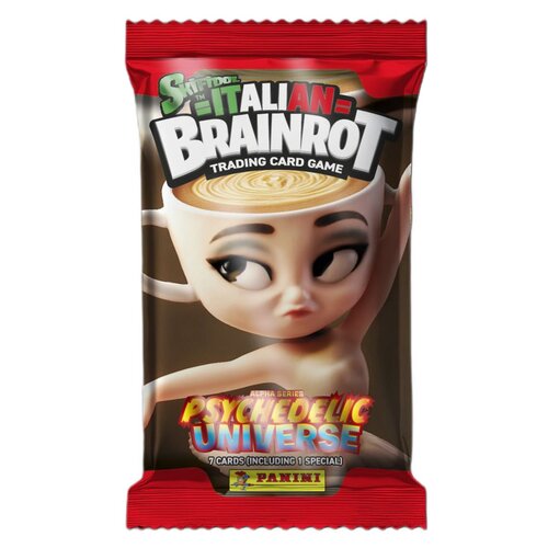 Opakowanie gry karcianej z napisem "Skifidol Italian Brainrot Trading Card Game" oraz "Psychedelic Universe" z serii "Alpha Series". Na dole widnieje logo "Panini" oraz informacja "7 cards (including 1 special)".