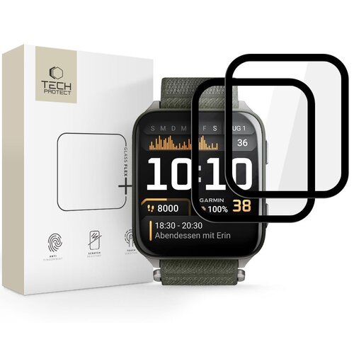 Opakowanie produktu "Szkło hybrydowe TECH-PROTECT Glass Flex+ do Garmin Venu X1 Czarny (2 szt.)" znajduje się obok zegarka z wyświetlaczem pokazującym godzinę 10:10, datę i inne informacje. Na opakowaniu widoczne są ikony z napisami: "ANTI FINGERPRINT", "