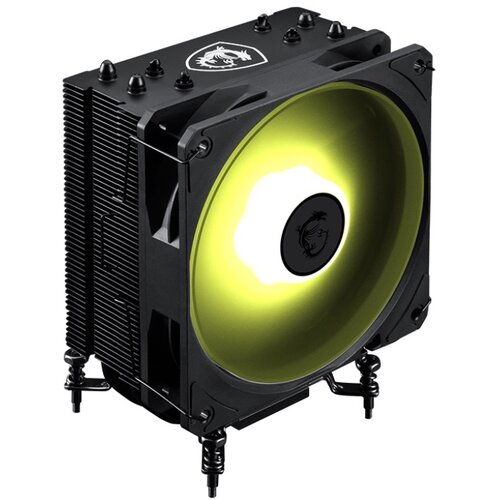 Czarny system chłodzenia CPU z podświetlanym wentylatorem w kolorze żółtym, z widocznym logo smoka na środku wentylatora oraz na górnej części obudowy. Produkt ma masywną konstrukcję z licznymi żeberkami i śrubami na górze.