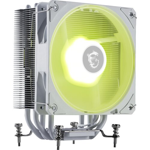 Białe chłodzenie CPU z podświetlanym wentylatorem w kolorze żółtym, z widocznym logo smoka na środku. Konstrukcja zawiera metalowe rurki i żebra chłodzące.