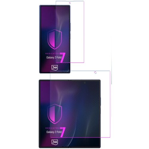 Dwa ekrany telefonu z nałożonymi przezroczystymi foliami ochronnymi, na których widnieje napis "DEDICATED FOR Galaxy Z Fold 7" oraz logo "3mk".