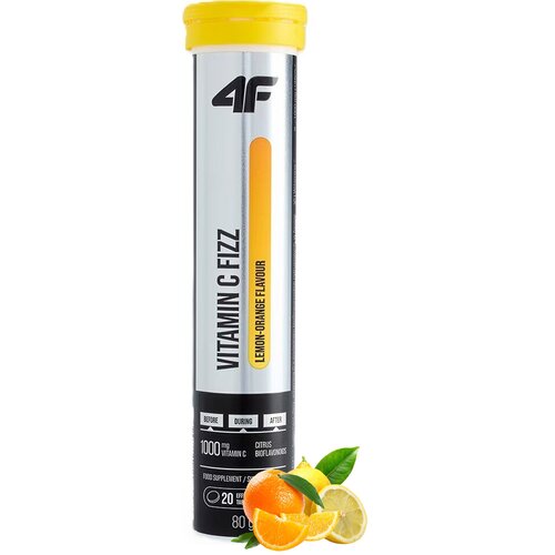 Opakowanie produktu "Witamina C 4F Vitamin C Fizz Cytrynowo-pomarańczowy (20 tabletek)" z widocznym logo "4F" na górze. Na opakowaniu znajdują się napisy: "VITAMIN C FIZZ", "LEMON-ORANGE FLAVOUR", "1000 mg VITAMIN C", "CITRUS BIOFLAVONOIDS", "FOOD SUPPLEM