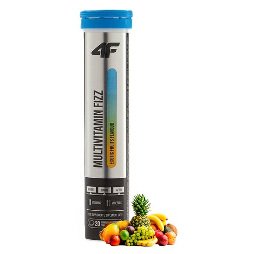 Tubka z niebieską zakrętką zawiera suplement diety "4F Multivitamin Fizz" o smaku egzotycznych owoców, z napisem "11 vitamins, 11 minerals" oraz grafiką przedstawiającą różnorodne owoce. Na opakowaniu widnieje logo "4F" oraz informacja o 20 musujących tab