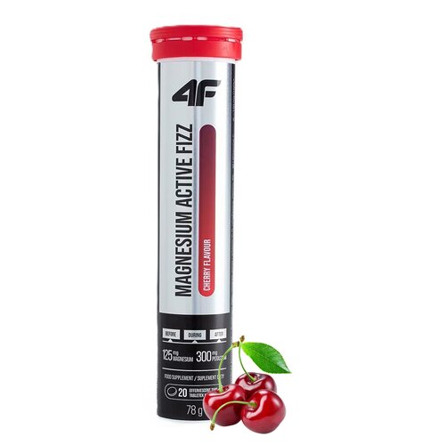 Na zdjęciu znajduje się opakowanie produktu "4F Magnesium Active Fizz" o smaku wiśniowym, z widocznym logo "4F" na górze. Na opakowaniu widnieje tekst: "MAGNESIUM ACTIVE FIZZ CHERRY FLAVOUR 125 mg MAGNESIUM 300 mg POTASSIUM FOOD SUPPLEMENT 20 EFFERVESCENT