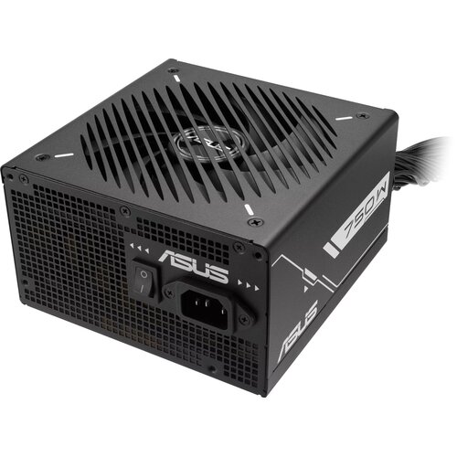 Czarny zasilacz komputerowy z widocznym logo "ASUS" oraz oznaczeniem "750W" na boku obudowy. Na powierzchni zasilacza znajduje się wentylator z kratką ochronną, a z tyłu widoczny jest włącznik oraz gniazdo zasilania.