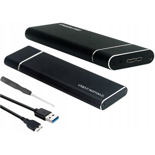 Na zdjęciu widoczna jest czarna obudowa dysku z napisem "USB 3.0 NGFF (M.2)" oraz zestaw akcesoriów, w tym kabel USB i mały śrubokręt. Obudowa ma prostokątny kształt z zaokrąglonymi krawędziami i widocznym złączem na jednym z końców.