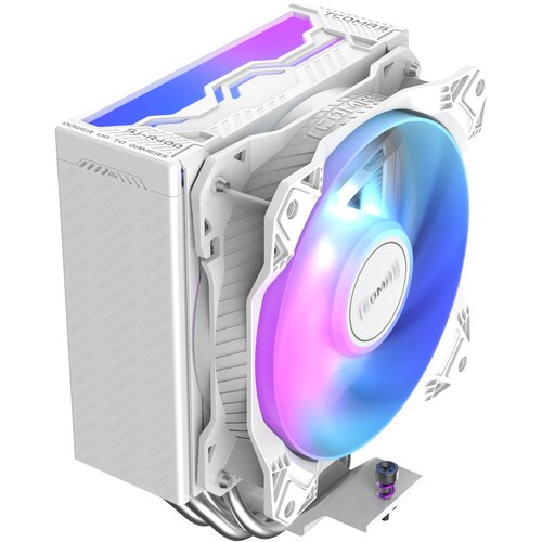 Białe chłodzenie CPU z podświetlanym wentylatorem w kolorach niebieskim i fioletowym, z widocznymi napisami "TCOMAS" i "POWER UP TO GAMERS" na obudowie. Produkt ma cztery rurki cieplne i ozdobne detale na ramie wentylatora.