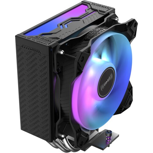 Czarny system chłodzenia CPU z widocznym wentylatorem, który emituje kolorowe światło w odcieniach niebieskiego i fioletowego. Na obudowie widoczny jest tekst "TCOMAS" oraz "POWER UP TO 160W".