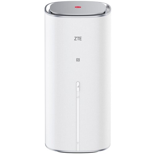 Biały, cylindryczny router z logo "ZTE" na przedniej stronie oraz symbolem NFC poniżej. Na górze urządzenia znajduje się czerwony przycisk z białym napisem "5G".