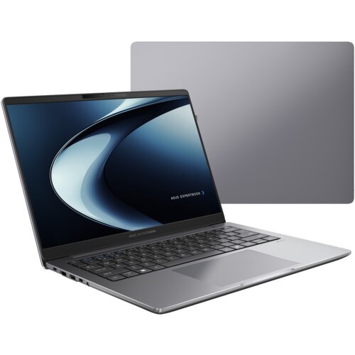 Na zdjęciu widoczny jest laptop z otwartym ekranem, na którym wyświetla się abstrakcyjna grafika oraz napis "ASUS EXPERTBOOK". Obok laptopa znajduje się jego zamknięta pokrywa, ukazująca gładką, szarą powierzchnię.