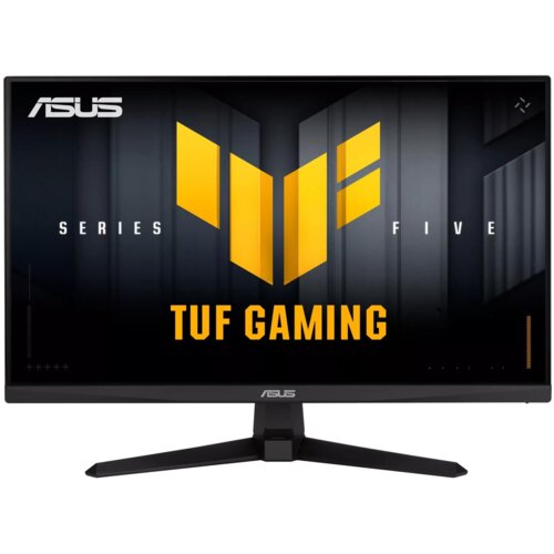 Monitor z czarną ramką i podstawą, na ekranie widoczne jest logo "ASUS" oraz napis "TUF GAMING" w kolorze żółtym na ciemnym tle. Na ekranie znajdują się również napisy "SERIES" i "FIVE".