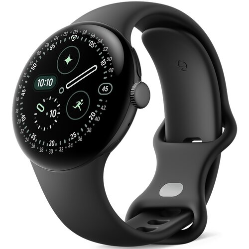 Czarny smartwatch z okrągłym wyświetlaczem, na którym widoczne są cyfry, ikony oraz godzina 10:10. Pasek zegarka jest również czarny, z zapięciem i przyciskiem z boku koperty.
