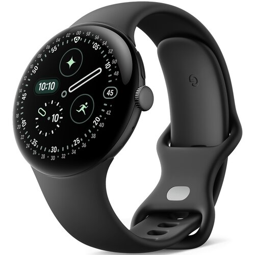 Czarny smartwatch z okrągłą tarczą, na której wyświetlane są cyfry, ikony oraz godzina 10:10. Pasek zegarka jest również czarny, a na nim widoczne jest logo w kształcie litery "G".
