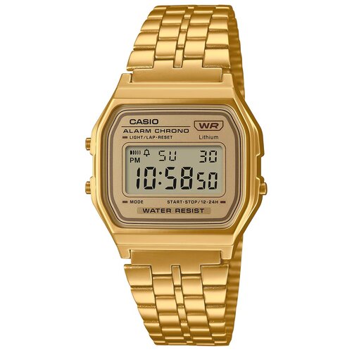 Złoty zegarek cyfrowy z metalową bransoletą, na tarczy widoczny jest napis "CASIO ALARM CHRONO" oraz "WATER RESIST", a wyświetlacz pokazuje godzinę 10:58:50. Na tarczy znajdują się także oznaczenia "WR", "Lithium", "MODE", "START-STOP/12-24H" oraz dzień t
