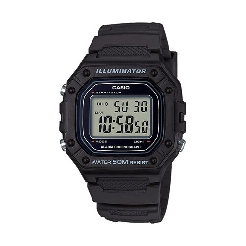 Czarny zegarek sportowy z prostokątną tarczą cyfrową, na której widnieje napis "ILLUMINATOR" oraz "CASIO". Wyświetlacz pokazuje datę "SU 30" i godzinę "10:58:50", a poniżej znajduje się napis "WATER 50M RESIST".
