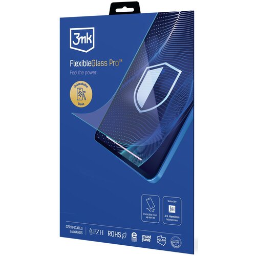 Niebieskie opakowanie produktu "3mk FlexibleGlass Pro" z grafiką przedstawiającą telefon z nałożonym szkłem ochronnym i ikoną tarczy. Na opakowaniu znajdują się napisy: "Feel the power", "Unbreakable Glass", "Invisible from up to 4 m", oraz logotypy certy