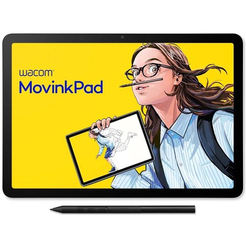 Na zdjęciu widoczny jest tablet graficzny z ilustracją osoby trzymającej tablet i rysikiem w ustach, na żółtym tle z napisem "wacom MovinkPad". Na dole zdjęcia znajduje się czarny rysik z logo "Wacom".