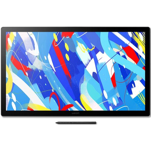 Tablet graficzny z kolorowym, abstrakcyjnym wzorem na ekranie, w odcieniach niebieskiego, czerwonego, żółtego i białego. Na dolnej ramce widoczny jest napis "Wacom", a przed tabletem leży czarny rysik.