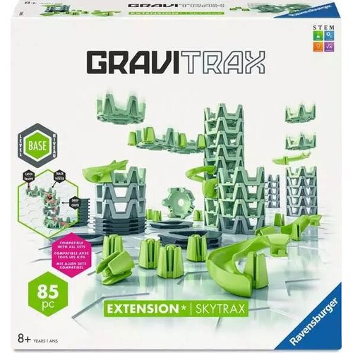 Opakowanie produktu "GraviTrax" z widocznymi elementami toru w kolorach zielonym i szarym, z napisem "85 pc" oraz "EXTENSION * SKYTRAX". W lewym dolnym rogu znajduje się informacja "8+ YEARS / JANS", a w prawym dolnym rogu logo "Ravensburger".