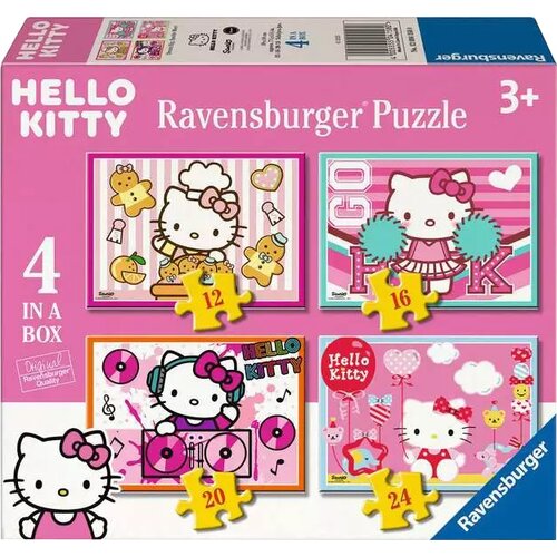 Pudełko puzzli Ravensburger z motywem Hello Kitty, zawierające cztery różne obrazki o liczbie elementów: 12, 16, 20 i 24. Na opakowaniu widnieje napis "HELLO KITTY Ravensburger Puzzle 3+" oraz "4 IN A BOX", a także logo Ravensburger.