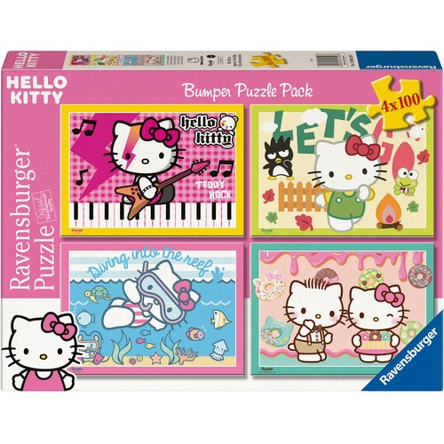 Na zdjęciu znajduje się opakowanie puzzli Ravensburger z motywem Hello Kitty, zawierające cztery różne obrazki, każdy z 100 elementów. Na opakowaniu widnieją napisy: "HELLO KITTY", "Bumper Puzzle Pack", "4x100", "Teddy Rock", "Diving into the reef" oraz l