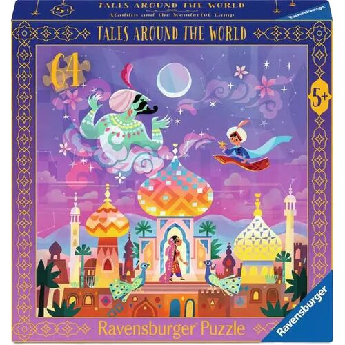 Kolorowe opakowanie puzzli przedstawia scenę z baśni, z latającym dywanem i dżinem nad orientalnym miastem, z napisem "Tales Around the World" oraz "Ravensburger Puzzle". Na opakowaniu widnieje liczba "64" oraz oznaczenie wiekowe "5+".
