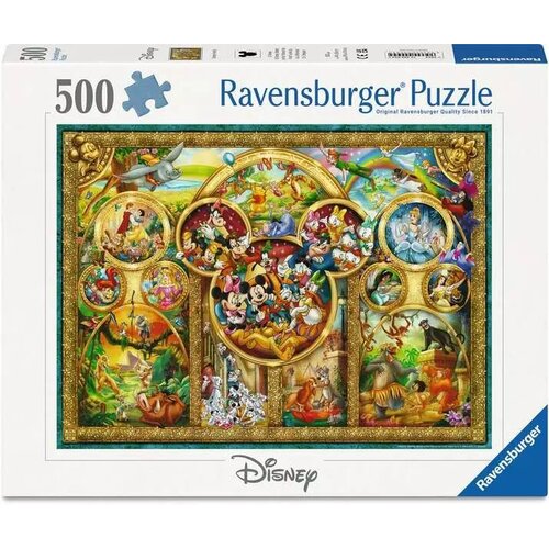 Opakowanie puzzli Ravensburger Disney Family zawiera kolorową ilustrację z postaciami z filmów Disneya w ozdobnych, złotych ramach. Na górze widnieje napis "500" oraz "Ravensburger Puzzle", a na dole logo "Disney".
