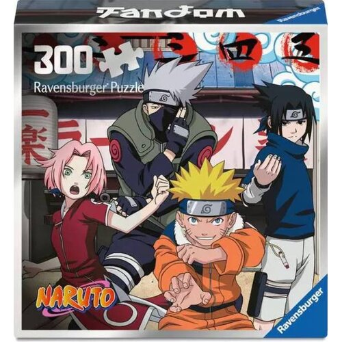 Opakowanie puzzli przedstawia cztery postacie z anime, z napisem "300 Ravensburger Puzzle" oraz logo "Naruto" w dolnym rogu. Na górze widnieje napis "Fandom", a w rogu znajduje się logo "Ravensburger".
