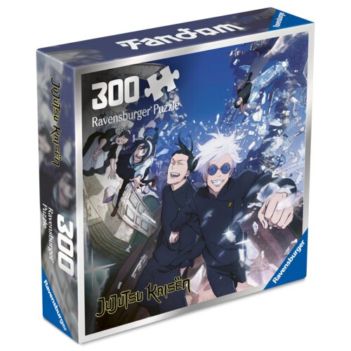 Pudełko puzzli Ravensburger z motywem "Jujutsu Kaisen" zawiera 300 elementów. Na opakowaniu widnieje dynamiczna ilustracja postaci z anime oraz napisy: "300 Ravensburger Puzzle" i "Jujutsu Kaisen".
