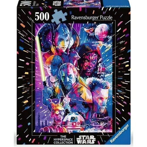 Opakowanie puzzli Ravensburger z serii "The Hyperspace Collection" przedstawia kolorową grafikę z postaciami z filmu "Star Wars: Mroczne widmo". Na opakowaniu widnieje napis "500 Ravensburger Puzzle" oraz logo "Star Wars".