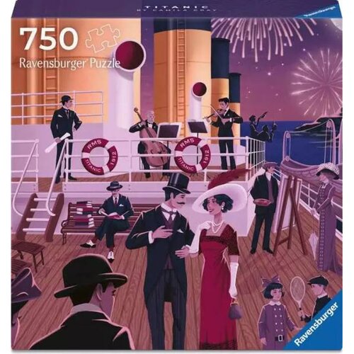 Opakowanie puzzli przedstawia scenę na pokładzie statku z elegancko ubranymi postaciami, orkiestrą i fajerwerkami na niebie. Na górze widnieje napis "750 Ravensburger Puzzle", a na burtach statku znajdują się koła ratunkowe z napisem "RMS Titanic 1912".