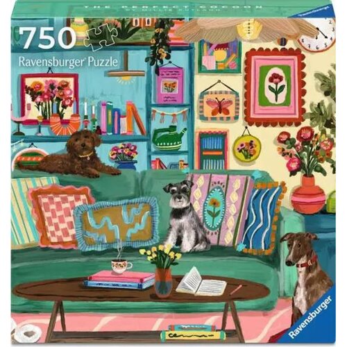 Opakowanie puzzli przedstawia kolorowy salon z trzema psami na kanapie, otoczony dekoracyjnymi poduszkami, książkami i roślinami. Na górze widnieje napis "750 Ravensburger Puzzle".
