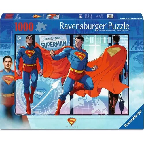 Opakowanie puzzli Ravensburger przedstawia postać w niebiesko-czerwonym stroju z literą "S" na piersi, na tle gazety z napisem "Daily Planet" i "Superman". Na opakowaniu widnieje liczba "1000" oraz logo Ravensburger Puzzle.