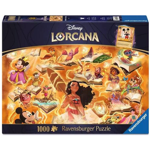Opakowanie puzzli przedstawia kolorową ilustrację z postaciami z filmów Disney, otoczonymi magicznymi książkami na tle pomarańczowego światła. Na górze widnieje napis "Disney Lorcana", a w dolnym rogu znajduje się logo "Ravensburger" oraz informacja "1000