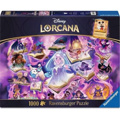 Opakowanie puzzli Ravensburger z serii Disney Lorcana, zawierające 1000 elementów, przedstawia kolorową grafikę z postaciami z książek i magicznymi motywami. Na opakowaniu widnieje napis: "Disney Lorcana 1000 Ravensburger Puzzle".