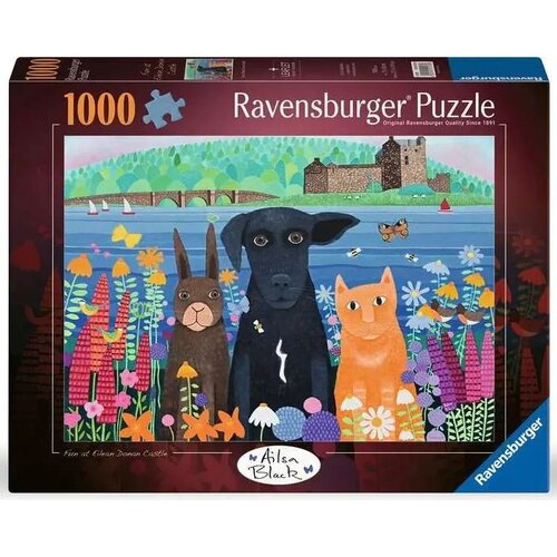 Puzzle Ravensburger przedstawiają ilustrację z trzema zwierzętami na tle zamku i rzeki, otoczonymi kolorowymi kwiatami. Na opakowaniu widnieje napis "Ravensburger Puzzle" oraz liczba "1000".