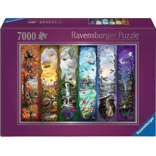 Fioletowe pudełko puzzli z napisem "Ravensburger Puzzle" oraz "7000" w lewym górnym rogu, zawiera sześć kolorowych ilustracji przedstawiających różne fantastyczne krajobrazy. W prawym dolnym rogu widoczne jest logo "Ravensburger".