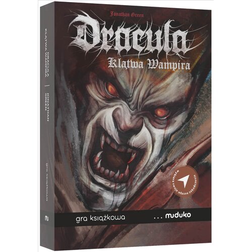 Okładka gry książkowej "Dracula - Klątwa Wampira" autorstwa Jonathana Greena przedstawia ilustrację wampira z wyrazistymi czerwonymi oczami i kłami. Na dole okładki znajduje się napis "gra książkowa ... muduko" oraz okrągłe oznaczenie z tekstem "kształtuj
