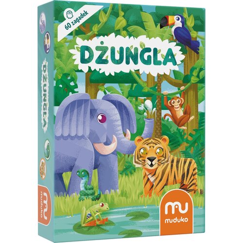 Na ilustracji widoczna jest okładka gry logicznej "Dżungla" z napisem "60 zagadek" oraz logo "muduko". Grafika przedstawia kolorowe zwierzęta w dżungli, w tym słonia, tygrysa, małpę, tukana, węża i żabę.