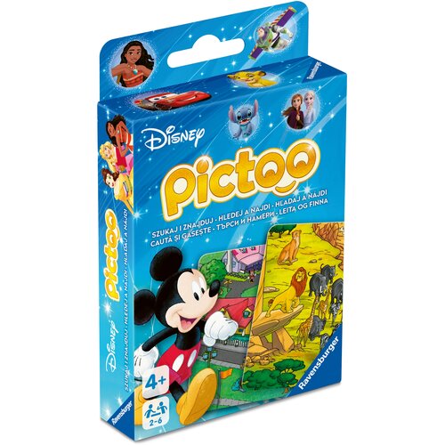 Opakowanie gry karcianej z serii Disney Pictoo, ozdobione postaciami z różnych filmów animowanych, w tym Myszka Miki na pierwszym planie. Na opakowaniu widnieje tekst: "Szukaj i znajduj - Hledej a najdi - Hľadaj a nájdi - Caută și găsește - Търси и намери