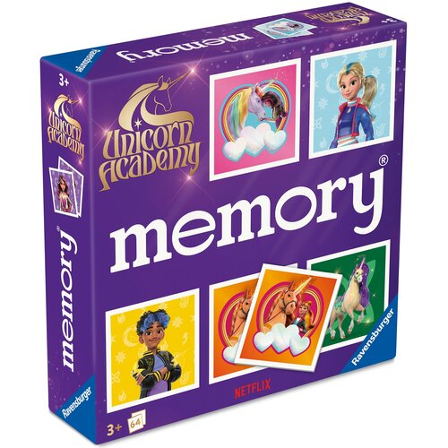 Fioletowe pudełko gry logicznej z napisem "Unicorn Academy memory" oraz logo "Ravensburger" i "Netflix". Na opakowaniu znajdują się kolorowe ilustracje postaci i jednorożców, a w rogu widnieje oznaczenie "3+" oraz liczba "64".