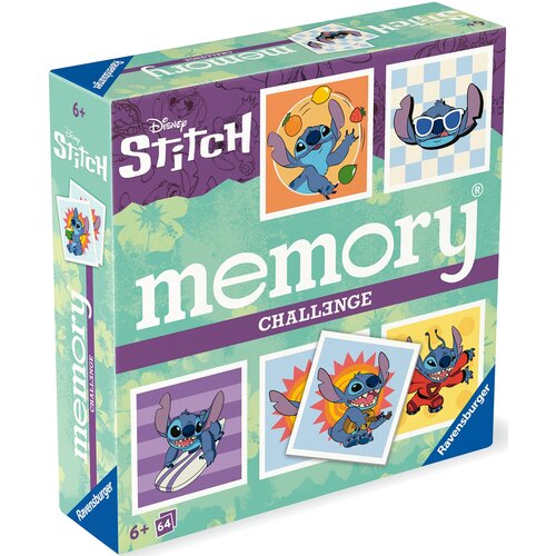 Zielone pudełko z grą logiczną "memory CHALLENGE" z motywem Disney Stitch, zawiera kolorowe ilustracje postaci Stitch w różnych pozach. Na opakowaniu widnieje logo Ravensburger oraz oznaczenie wiekowe 6+ i liczba elementów 64.