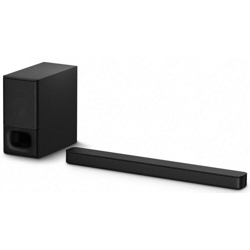 Czarny soundbar i subwoofer ustawione obok siebie na białym tle. Oba urządzenia mają prosty, nowoczesny design.